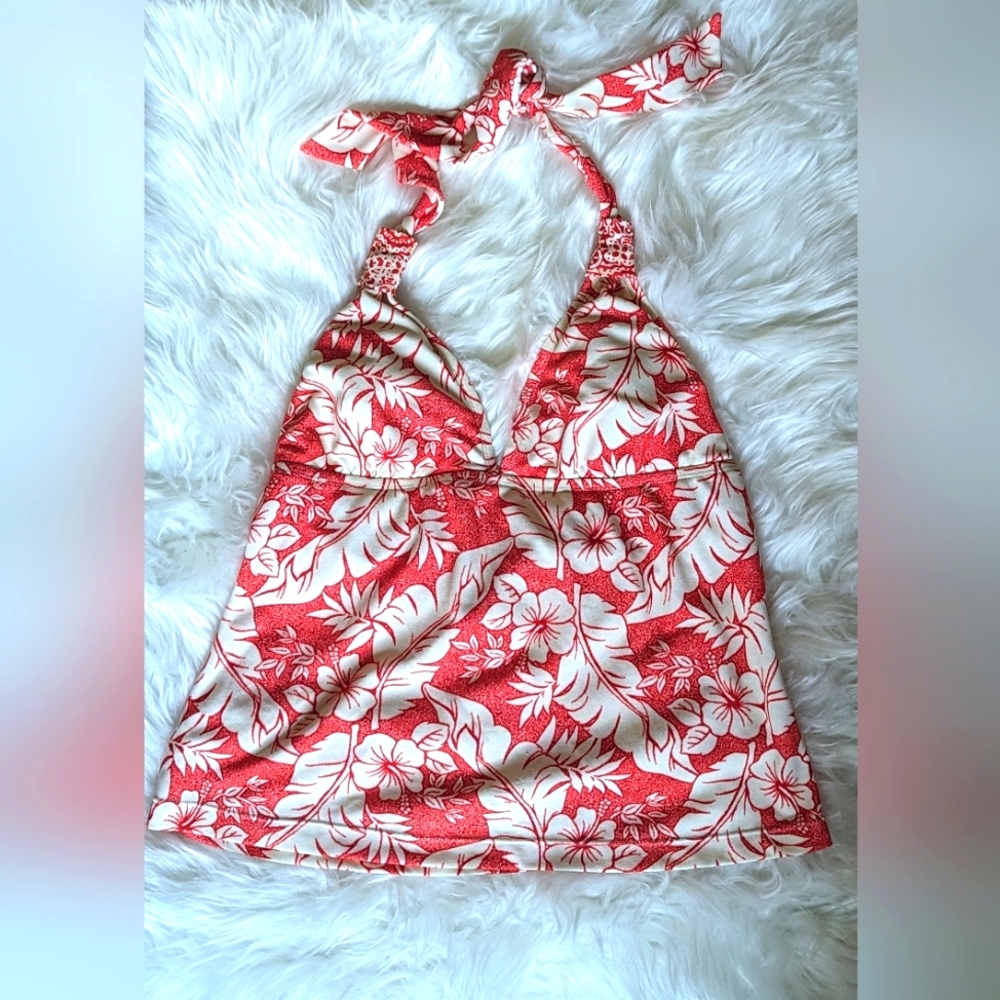 GUC JAG swim red & white tropical floral print removable pads halter bikini top